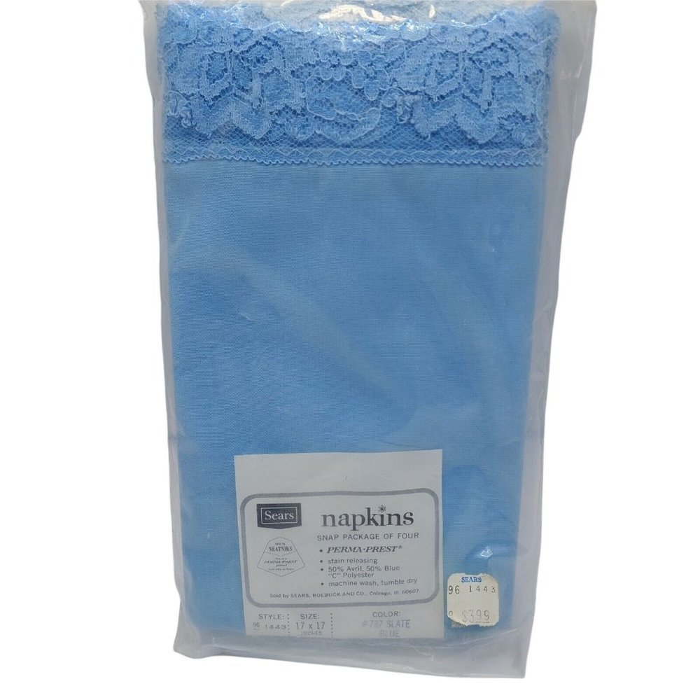 Sears Perma-Prest Slate Blue Napkins with lace 17x17 Set of 4 Antique Vintage